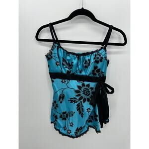 Y2k Floral Babydoll Top Women Sz L Blue Satin Romantic Fairy Whimsigoth 90s